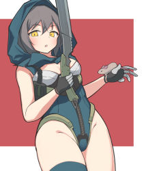 Rule 34 | 1girl, :o, animal, animal on hand, animification, apex legends, ash (titanfall 2), black gloves, black hair, blue leotard, blush, breasts, caraku, cleavage, cleavage cutout, clothing cutout, gloves, highres, holding, holding sword, holding weapon, hood, hood up, hooded leotard, humanization, leotard, mouse (animal), open mouth, short hair, single thighhigh, small breasts, solo, sword, thighhighs, weapon