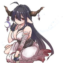 Rule 34 | 10s, 1girl, ahoge, bandages, bare shoulders, black gloves, black hair, breasts, danua, demon girl, dress, female focus, fingerless gloves, gloves, granblue fantasy, horns, jewelry, large breasts, long hair, long skirt, looking at viewer, necklace, negiko, pointy ears, red eyes, simple background, sitting, skirt, solo, white background