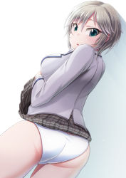 Rule 34 | 10s, 1girl, anastasia (idolmaster), ass, blue eyes, blush, breasts, clothes lift, female focus, from behind, gradient background, green eyes, idolmaster, idolmaster cinderella girls, large breasts, open mouth, panties, parted lips, plaid, plaid skirt, school uniform, shiny clothes, shiny skin, short hair, sideboob, silver hair, skirt, skirt lift, solo, underwear, yuo0
