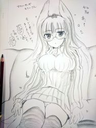 Rule 34 | bad id, bad twitter id, blush, breasts, dress, glasses, head wings, heidimarie w. schnaufer, large breasts, long hair, mishiro shinza, monochrome, panties, solo, strike witches, sweater, sweater dress, thighhighs, translation request, underwear, wings, world witches series