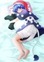 Rule 34 | 1girl, bad id, bad twitter id, baku (creature), barefoot, bed sheet, between legs, bloomers, blue eyes, blue hair, blush, capelet, closed mouth, doremy sweet, from side, full body, hair between eyes, hat, heki (supmore!), highres, looking at viewer, lying, nightcap, on side, pillow, pom pom (clothes), short hair, smile, solo, stuffed animal, stuffed toy, tail, touhou, underwear