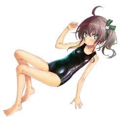 Rule 34 | 1girl, absurdres, ahoge, brown hair, cat hair ornament, collarbone, green eyes, hair ornament, hair ribbon, hand up, highres, hololive, lying, natsuiro matsuri, one-piece swimsuit, ribbon, sakuya tsuitachi, school swimsuit, shiny clothes, side ponytail, solo, swimsuit, transparent background, virtual youtuber, wet, wet clothes, wet swimsuit
