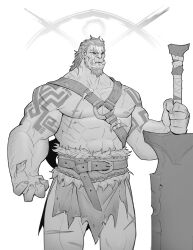 Rule 34 | 1boy, abs, absurdres, bara, barbarian, bare pectorals, beard, earrings, facial hair, fingernails, goatee, greatsword, greyscale, highres, jewelry, large hands, large pectorals, looking ahead, mature male, medium hair, monochrome, monster boy, muscular, muscular male, nipples, o-ring, o-ring top, orc, original, pectorals, planted, planted sword, planted weapon, pointy ears, sharp fingernails, solo, sparse arm hair, standing, strongman waist, sword, thick beard, thick eyebrows, tusks, weapon, yuchao wang