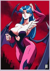 Rule 34 | 1990s (style), 1girl, absurdres, arm above head, armpits, artist name, bare shoulders, black leotard, breasts, cleavage, covered navel, darkstalkers, green eyes, green hair, hand on own head, head wings, highres, large breasts, legs, leotard, long hair, looking at viewer, morrigan aensland, pantyhose, purple pantyhose, retro artstyle, seductive smile, smile, solo, strapless, strapless leotard, thighs, wings