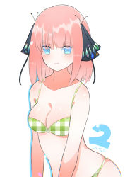 Rule 34 | 1girl, bikini, black ribbon, blue eyes, blunt bangs, blush, breasts, butterfly hair ornament, cleavage, collarbone, go-toubun no hanayome, green bikini, hair ornament, hige (693273545), highres, looking at viewer, nakano nino, pink hair, pout, ribbon, simple background, stomach, swimsuit, twintails, v-shaped eyebrows, white background