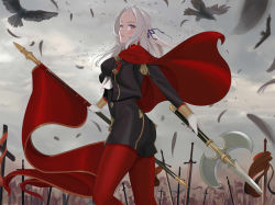 Rule 34 | 1girl, absurdres, ass, axe, bird, blue eyes, breasts, cape, cloud, cloudy sky, crow, eagle, eagle union (emblem), edelgard von hresvelg, fire emblem, fire emblem: three houses, flag, gloves, grey background, hair ribbon, highres, looking at viewer, medium breasts, nintendo, pantyhose, quatthro, red cape, ribbon, sky, sword, uniform, weapon, white gloves, white hair