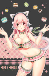 Rule 34 | 10s, 1girl, 2012, animal ears, bad id, bad pixiv id, bra, breasts, cat ears, cat tail, character name, cleavage, collarbone, food, headphones, large breasts, long hair, macaron, mirunai, nitroplus, outline, pink hair, red eyes, solo, super sonico, tail, thigh strap, underwear, wrist cuffs
