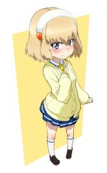 Rule 34 | 1girl, black footwear, blonde hair, blue eyes, blue skirt, blush, bob cut, cardigan, clenched hand, closed mouth, commentary, cosplay, fang, frown, full body, girls und panzer, hairband, hand on own chest, katyusha (girls und panzer), kayabakoro, kise yayoi, kise yayoi (cosplay), long sleeves, looking at viewer, miniskirt, nanairogaoka middle school uniform, necktie, pleated skirt, precure, school uniform, shirt, shoes, short hair, single horizontal stripe, skirt, smile precure!, socks, solo, standing, voice actor connection, white hairband, white shirt, white socks, wing collar, yellow cardigan, yellow necktie