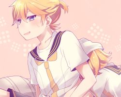 Rule 34 | 1boy, 1girl, aoi choko (aoichoco), blonde hair, blue eyes, brother and sister, clothes lift, collarbone, covering face, head on back, hug, hug from behind, kagamine len, kagamine rin, leaning on person, pillow, pink background, sailor collar, shirt, shirt lift, short ponytail, short sleeves, siblings, sidelocks, simple background, sitting, sweatdrop, t-shirt, teasing, twins, vocaloid, white shirt