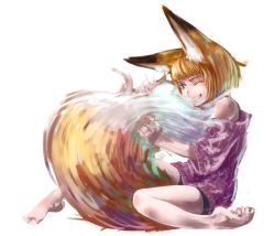 Rule 34 | 1girl, animal ear fluff, animal ears, barefoot, bike shorts, blue eyes, eyebrows, fox ears, fox tail, jaco, large tail, one eye closed, orange hair, original, short hair, simple background, sitting, sketch, smile, solo, sweater, tail, thick eyebrows, white background