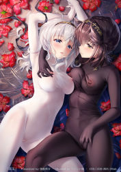 Rule 34 | 2girls, black bodysuit, black headband, blush, bodysuit, breasts, brown hair, cameltoe, cleavage, clothes writing, commentary request, covered erect nipples, covered navel, female masturbation, flower, hair between eyes, hair flaps, hatsuzuki (kancolle), headband, kantai collection, long hair, looking at another, lying, masturbation, masturbation through clothes, medium breasts, multiple girls, navel, nipples, one side up, open mouth, paint musume, ribbon, see-through, short hair, silver hair, smile, suzutsuki (kancolle), thighs, water, white bodysuit, yellow eyes, yuri