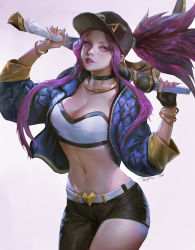 Rule 34 | 1girl, akali, asymmetrical clothes, baseball cap, belt, bracelet, breasts, choker, cleavage, commentary, english commentary, fingerless gloves, gloves, hat, highres, holding, holding microphone, holding weapon, idol, jacket, jewelry, k/da (league of legends), k/da akali, league of legends, microphone, midriff, nail polish, navel, necklace, parted lips, pink nails, ponytail, purple eyes, purple hair, raydenchen, solo, standing, stomach, weapon