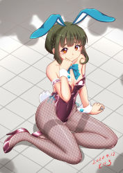 Rule 34 | 1girl, adapted costume, animal ears, arm garter, blue bow, blue bowtie, bob cut, bow, bowtie, breasts, detached collar, fake animal ears, fake tail, fishnet pantyhose, fishnets, green hair, high heels, kantai collection, leotard, moke ro, pantyhose, playboy bunny, purple footwear, purple leotard, rabbit ears, rabbit tail, short hair, short hair with long locks, sidelocks, small breasts, solo, strapless, strapless leotard, tail, takanami (kancolle), thighband pantyhose, wrist cuffs