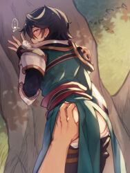 Rule 34 | 2boys, against tree, ass grab, bent over, black hair, blue eyes, blush, cain (granblue fantasy), ear blush, from behind, granblue fantasy, groping, heart, highres, konsui (grcoma), male focus, multiple boys, outdoors, pov, pov hands, puff of air, reinhardtzar, short hair, size difference, solo focus, spoken heart, tearing up, tree, yaoi