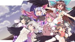 Rule 34 | 6+girls, :d, absurdres, animal ears, black hair, black wings, blue hair, bow, bowtie, brown hair, cape, cloud, dress, fingernails, grin, hair bow, hat, head wings, highres, himekaidou hatate, horns, ini (inunabe00), ini phm, jacket, kishin sagume, long fingernails, long hair, long sleeves, looking at viewer, looking back, multicolored hair, multiple girls, mystia lorelei, odd one out, one eye closed, open mouth, outstretched arms, pink hair, pointing, pointing up, pointy ears, purple wings, red eyes, red wings, reiuji utsuho, ribbon, scarf, shameimaru aya, short hair, single head wing, single wing, sky, smile, third eye, tokiko (touhou), tokin hat, touhou, trait connection, twintails, two-tone hair, white hair, white wings, wings