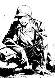 Rule 34 | 1boy, arm support, baseball cap, belt chain, collarbone, collared shirt, commentary request, debris, facial hair, full body, gekkoukan high school uniform, greyscale, grin, hat, highres, iori junpei, jacket, jewelry, long sleeves, looking at viewer, male focus, monochrome, necklace, open clothes, open jacket, pants, parted lips, persona, persona 3, saeki shun, school uniform, shirt, short hair, smile, solo, squatting, teeth