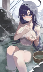 Rule 34 | 1girl, absurdres, blue archive, blush, breasts, bucket, covering privates, halo, highres, knees up, large breasts, long hair, looking at viewer, nude cover, onsen, partially submerged, purple eyes, purple hair, refraction, sitting, solo, steam, straight hair, sukoyaka konbu, very long hair, wooden bucket, yuuka (blue archive)