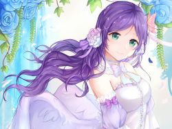 10s 1girl aqua_eyes bow bug butterfly cropped dress female_focus flower bug long_hair love_live! love_live!_school_idol_festival love_live!_school_idol_project oretsuu petals purple_hair ribbon solo tojo_nozomi wings