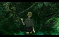 Rule 34 | 1boy, arm up, bishounen, black shorts, blonde hair, closed mouth, collared shirt, green eyes, green theme, grey shirt, hair between eyes, head tilt, highres, holding, in water, kazari tayu, leaf, looking to the side, male focus, nature, original, plant, shadow, shirt, short hair, shorts, sleeves rolled up, solo, summer, sunlight, upper body, vines