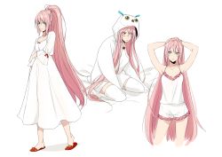 Rule 34 | 1girl, armpits, arms up, bare arms, barefoot, breasts, cleavage, collarbone, cosplay, cropped legs, dress, full body, high ponytail, highres, hood, hood up, kigurumi, long hair, long sleeves, looking at viewer, pink hair, shionne (tales), shirt, short shorts, shorts, simple background, sitting, sleepwear, sleeveless, sleeveless shirt, slippers, small breasts, standing, sundress, tales of (series), tales of arise, thighhighs, tusia, tying hair, very long hair, white background, white dress, white shirt, white shorts, zettai ryouiki