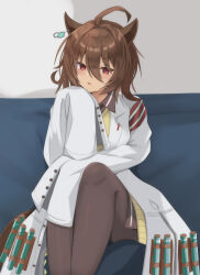 Rule 34 | 1girl, absurdres, agnes tachyon (umamusume), ahoge, animal ears, black necktie, black pantyhose, black shirt, brown hair, chemical structure, collared shirt, commentary request, crossed legs, earrings, empty eyes, high heels, highres, holding, holding test tube, horse ears, horse girl, invisible chair, jewelry, kudo (user dzch8572), lab coat, looking at viewer, messy hair, necktie, pantyhose, red eyes, shirt, short hair, simple background, single earring, sitting, sleeves past fingers, sleeves past wrists, smile, sweater, sweater vest, test tube, umamusume, white background, white footwear, yellow sweater