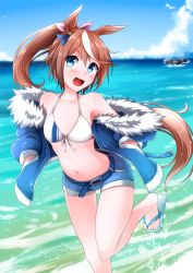 Rule 34 | 1girl, :d, absurdres, animal ears, bare legs, bare shoulders, bikini, blue eyes, blue footwear, blue jacket, blush, brown hair, collarbone, commentary request, denim, denim shorts, flip-flops, foot out of frame, front-tie bikini top, front-tie top, fur-trimmed jacket, fur trim, g (genesis1556), hands in pockets, highres, horse ears, jacket, long hair, long sleeves, looking at viewer, multicolored hair, navel, ocean, off shoulder, open clothes, open jacket, open mouth, orca, outdoors, ponytail, punching, sandals, shark, short shorts, shorts, smile, solo, standing, standing on one leg, stomach, streaked hair, swimsuit, thighs, tokai teio (umamusume), umamusume, very long hair, water, white bikini, white hair