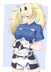 Rule 34 | 1girl, belt, blonde hair, blue eyes, blush, breasts, commentary, cowboy shot, gambier bay (kancolle), gloves, hair between eyes, hairband, headgear, highres, kantai collection, large breasts, long hair, looking at viewer, niwatazumi, open mouth, own hands together, short sleeves, shorts, simple background, solo, twintails, upper body