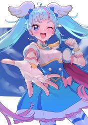 Rule 34 | 1girl, absurdres, blue dress, blue eyes, blue hair, blush, clenched hand, commentary request, cure sky, dress, earrings, eyelashes, fingerless gloves, gloves, gradient hair, hair ornament, happy, highres, hirogaru sky! precure, jewelry, long hair, looking at viewer, magical girl, multicolored hair, one eye closed, pink hair, precure, smile, solo, sora harewataru, standing, streaked hair, sutora binsuke, thighhighs, thighs, twintails, two-tone hair, very long hair, white gloves