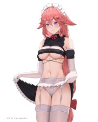 Rule 34 | 1girl, 2023, absurdres, animal ears, apron, artist name, bare shoulders, blush, bow, breasts, character name, cleavage, clothes lift, covered erect nipples, cropped shirt, elbow gloves, floppy ears, fox ears, frilled apron, frills, garter straps, genshin impact, gloves, hair between eyes, hair bow, hair ornament, hairclip, highres, large breasts, lifting own clothes, long hair, looking at viewer, maid, maid apron, maid headdress, massoukei, navel, panties, pink hair, purple eyes, red bow, revealing clothes, shirt, skirt, skirt lift, sleeveless, sleeveless shirt, solo, stomach, thighhighs, thighs, unconventional maid, underboob, underwear, very long hair, white background, white gloves, white panties, white thighhighs, yae miko