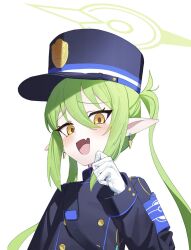 Rule 34 | 1girl, armband, black hat, black jacket, blue archive, blue armband, blush, buttons, daeyu k, earrings, fang, gloves, green hair, green halo, halo, hand on own face, hand up, hat, nozomi (blue archive), highres, jacket, jewelry, long hair, looking at viewer, open mouth, peaked cap, pointy ears, raised eyebrows, shoulder strap, sidelocks, skin fang, solo, twintails, upper body, white gloves, yellow eyes