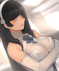 Rule 34 | 1girl, absurdres, between breasts, black hair, blunt bangs, breasts, crossed arms, dress, elbow gloves, girls&#039; frontline, gloves, hairband, highres, jitome, large breasts, long hair, looking at viewer, parted lips, sidelocks, skin tight, solo, sungwon, type 95 (girls&#039; frontline), upper body, white dress, white gloves, yellow eyes