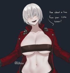 Rule 34 | 1girl, absurdres, belt bra, blue eyes, breasts, chigen (drakkai10), cleavage, dante (devil may cry), devil may cry (series), genderswap, genderswap (mtf), hair over eyes, highres, jacket, large breasts, looking at viewer, open mouth, red jacket, revealing clothes, short hair, simple background, smile, solo, twitter username, underboob, white hair