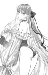 Rule 34 | 1girl, absurdres, back, bare legs, bare shoulders, eyebrows hidden by hair, fate/grand order, fate (series), greyscale, hair ribbon, highres, long hair, looking at viewer, looking back, meltryllis, meltryllis (fate), meltryllis (swimsuit lancer) (fate), monochrome, nipi27, ribbon, simple background, solo, standing, swimsuit, white background