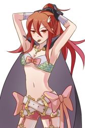 Rule 34 | 1girl, arms up, belt, bow, breasts, cape, cleavage, cordelia (fire emblem), cosplay, fire emblem, fire emblem awakening, fire emblem heroes, highres, hraaat, long hair, midriff, navel, nintendo, nowi (fire emblem), nowi (fire emblem) (cosplay), pink bow, ponytail, red eyes, red hair, simple background, small breasts, solo, white background, white belt
