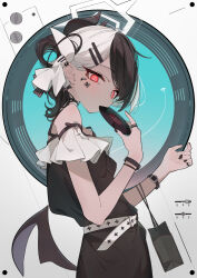 Rule 34 | 1girl, absurdres, alternate costume, bag, belt, black choker, black dress, black hair, black nails, blue archive, bright pupils, choker, cowboy shot, demon horns, demon wings, detached sleeves, dress, earclip, facial hair, fingernails, hair rings, halo, hands up, hcii (user xpgx2238), highres, holding, holding bag, holding record, horns, jewelry, kayoko (blue archive), looking at viewer, low wings, medium hair, multicolored hair, nail polish, parted bangs, record, red eyes, ring, short sleeves, single wing, sleeveless, sleeveless dress, solo, two-tone hair, watch, white belt, white hair, white halo, wings, wristwatch