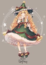 Rule 34 | 1girl, absurdres, alternate color, bell, blonde hair, bow, braid, christmas, curly hair, dress, full body, green dress, green footwear, green hat, hair bow, hand up, hat, highres, kirisame marisa, long hair, looking at viewer, mokokiyo (asaddr), nail polish, purple nails, red bow, shoes, side braid, simple background, solo, standing, star (symbol), touhou, very long hair, witch hat, yellow eyes