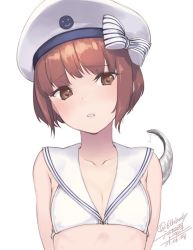 Rule 34 | 10s, 1girl, bikini, bow, breasts, brown eyes, brown hair, collarbone, dated, enemy naval mine (kancolle), hat, kantai collection, looking at viewer, military hat, parted lips, peaked cap, rokuwata tomoe, sailor bikini, sailor collar, sailor hat, short hair, simple background, small breasts, solo, striped, striped bow, swimsuit, twitter username, upper body, white background, white bikini, white hat, z3 max schultz (kancolle)