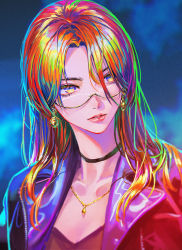 Rule 34 | 1girl, absurdres, choker, earrings, female focus, freckles, glasses, gradient hair, highres, jewelry, lips, long hair, looking at viewer, mole, multicolored hair, nababa, necklace, original, parted lips, semi-rimless eyewear, solo, upper body
