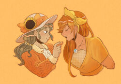Rule 34 | 2girls, ace attorney, athena cykes, blush, bow hairband, brown eyes, brown hair, buttons, cardigan, center frills, closed eyes, collared cardigan, cropped arms, cropped torso, flower, food, freckles, frills, fruit, hairband, hat, hat flower, hat ribbon, incoming food, jewelry, juniper woods, long hair, long sleeves, looking at another, low-tied long hair, medium hair, ministarfruit, multiple girls, necklace, open mouth, orange (fruit), orange background, orange cardigan, orange ribbon, orange slice, profile, ribbon, shirt, short sleeves, side ponytail, sidelocks, smile, sunflower, upper body, wavy hair, white headwear, white shirt, yellow hairband, yellow shirt, yuri