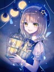 Rule 34 | 1girl, artoria (hitoba), blonde hair, blue background, blue bow, blue dress, blue theme, blurry, bow, cage, collared shirt, depth of field, dress, frilled sleeves, frills, hair ornament, hat, highres, hitoba, holding, holding cage, looking at viewer, moon phases, open mouth, original, pinafore dress, puffy short sleeves, puffy sleeves, shirt, short hair, short sleeves, sleeveless, sleeveless dress, smile, solo, star (symbol), star hair ornament, upper body, white wrist cuffs, wrist cuffs, yellow eyes