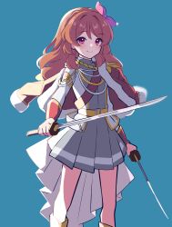 Rule 34 | 1girl, absurdres, aiguillette, aikatsu! (series), belt, blue background, bow, closed mouth, commentary request, cosplay, daiba nana, daiba nana (cosplay), dual wielding, epaulettes, feet out of frame, grey skirt, hair bow, highres, holding, holding sword, holding weapon, jacket, jacket on shoulders, katana, long hair, long sleeves, looking at viewer, ozora akari, orange hair, pink eyes, pleated skirt, purple bow, red jacket, red sash, sash, shoujo kageki revue starlight, simple background, skirt, smile, solo, sword, uhouhogorigori, weapon, white jacket
