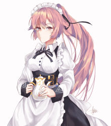 Rule 34 | 1girl, alternate hairstyle, apron, black ribbon, blush, breasts, collared dress, corset, dress, frills, girls&#039; frontline, hair ribbon, holding, holding teapot, juliet sleeves, large breasts, long hair, long sleeves, looking at viewer, maid, maid headdress, ntw-20 (girls&#039; frontline), ntw-20 (the aristocrat experience) (girls&#039; frontline), official alternate costume, parang, pink eyes, pink hair, ponytail, puffy sleeves, ribbon, sidelocks, signature, simple background, solo, tassel, teapot, very long hair, white background