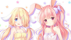 Rule 34 | 2girls, :d, animal ears, arms at sides, bad id, bad pixiv id, bare shoulders, blonde hair, blue eyes, blunt bangs, blush, bow, breasts, cleavage, closed mouth, collarbone, ears down, floral background, hair bow, hair ornament, hair over one eye, hair scrunchie, hairclip, head tilt, long hair, looking at viewer, low twintails, medium breasts, multiple girls, nekono rin, one side up, open mouth, original, pink hair, polka dot, polka dot bow, purple bow, rabbit ears, red eyes, scrunchie, shirt, simple background, sleeveless, smile, spaghetti strap, strapless, tube top, twintails, very long hair, white background, white scrunchie, white shirt