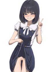 1girl absurdres black_eyes black_hair blue_shirt blue_skirt blunt_bangs bow bowtie censored clothes_lift commentary_request commission flashing gluteal_fold grin highres himenogi_rinze kaekae_kaeru lifting_own_clothes looking_at_viewer love_r mosaic_censoring no_panties pleated_skirt pussy sailor_collar shirt short_hair short_sleeves simple_background skeb_commission skirt skirt_lift smile solo sweat two-tone_shirt v white_background white_bow white_bowtie white_sailor_collar white_shirt