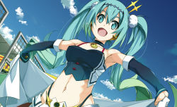 Rule 34 | 1girl, aqua eyes, aqua hair, bare shoulders, blouse, breasts, from below, halterneck, hatsune miku, jewelry, long hair, looking at viewer, medium breasts, navel, necklace, open mouth, outdoors, racing miku, shikei, shirt, sleeveless, sleeveless shirt, smile, solo, twintails, vocaloid