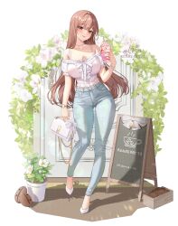 Rule 34 | 1girl, absurdres, bare shoulders, bra strap, breasts, brown eyes, brown hair, cleavage, collarbone, commentary request, cup, denim, disposable cup, drinking straw, flower, flower pot, full body, hand up, highres, holding, holding cup, jeans, large breasts, long hair, off-shoulder shirt, off shoulder, original, pants, renberry, shirt, shoes, short sleeves, solo, standing, thighs, very long hair, watch, white flower, white footwear, white shirt, wristwatch