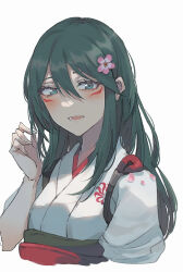 Rule 34 | 1girl, animification, blue eyes, blush, cropped torso, facial mark, flower, green hair, hair between eyes, hair flower, hair ornament, japanese clothes, kayanogura, kimono, kiriko (overwatch), long hair, looking at viewer, open mouth, overwatch, overwatch 2, pink flower, short sleeves, simple background, solo, tasuki, upper body, white background, white kimono