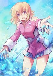 Rule 34 | 1girl, :d, blonde hair, blue skirt, day, dutch angle, gundam, gundam seed, gundam seed destiny, hair between eyes, jacket, leaning forward, long sleeves, looking at viewer, military jacket, miniskirt, open mouth, outdoors, outstretched arms, pink jacket, pleated skirt, purple eyes, short hair, skirt, smile, solo, standing, stellar loussier, twitter username, wading, yuuka seisen