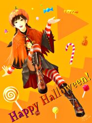 Rule 34 | 1girl, arm support, black skirt, boots, braid, brown eyes, buckle, candy, candy cane, candy wrapper, capelet, dated, food, frown, game console, grin, happy halloween, highres, knee up, kohji, leaning back, ling shen hua, lollipop, looking at viewer, open hand, open mouth, orange background, orange capelet, patterned background, print shirt, pumpkin, pumpkin hat, sega, sega dreamcast, shenmue, shenmue iii, shirt, signature, skirt, smile, solo, striped clothes, striped sleeves, striped thighhighs, swept bangs, swirl lollipop, thighhighs, thighhighs under boots, thighs, triangle, twin braids, two-tone background, wide sleeves, zipper