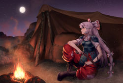 Rule 34 | 1girl, armor, backpack, bag, bonfire, boots, bow, bow (weapon), campfire, chiaki rakutarou, cross-laced footwear, crossbow, fire, fujiwara no mokou, hair bow, highres, lace-up boots, leg up, long hair, moon, night, night sky, outdoors, silver hair, sitting, sky, solo, tent, torn clothes, touhou, trigger discipline, unworn backpack, unworn bag, weapon
